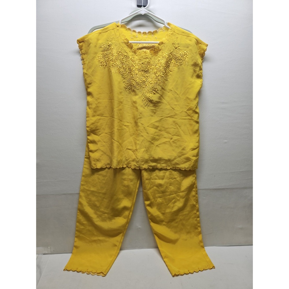 VTG 80s Bright Yellow 2 Piece Pants Set Floral Embroidered Brightcore Eclectic